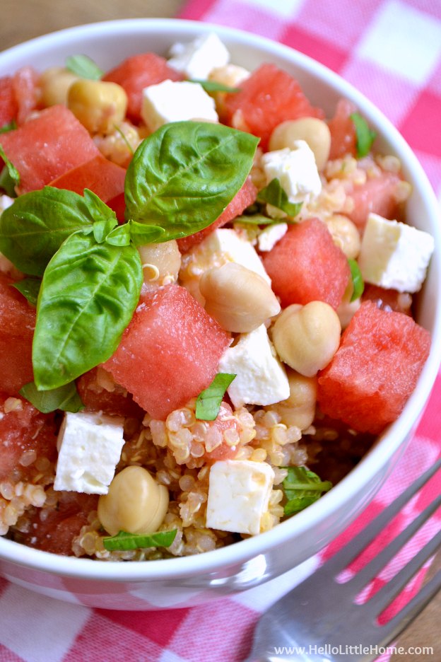 watermelon basil quinoa salad 5 2 Watermelon Recipes Happy National Watermelon Day!  These watermelon recipes will have you enjoying this sweet and healthy fruit in no time!