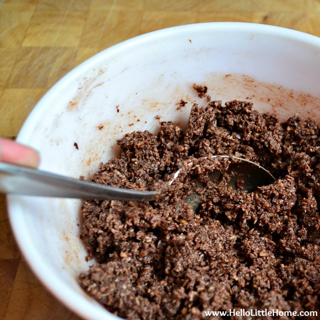 Mixing ingredients for raw chocolate coconut cookies in a mixing bowl.
