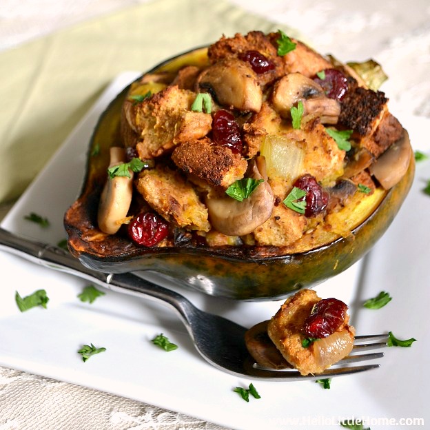 Cranberry-Sage Stuffed Acorn Squash ... this delicious recipe is a wonderful addition to your Thanksgiving or Christmas menu! Serve it as a vegetarian main dish or hearty side dish. | Hello Little Home