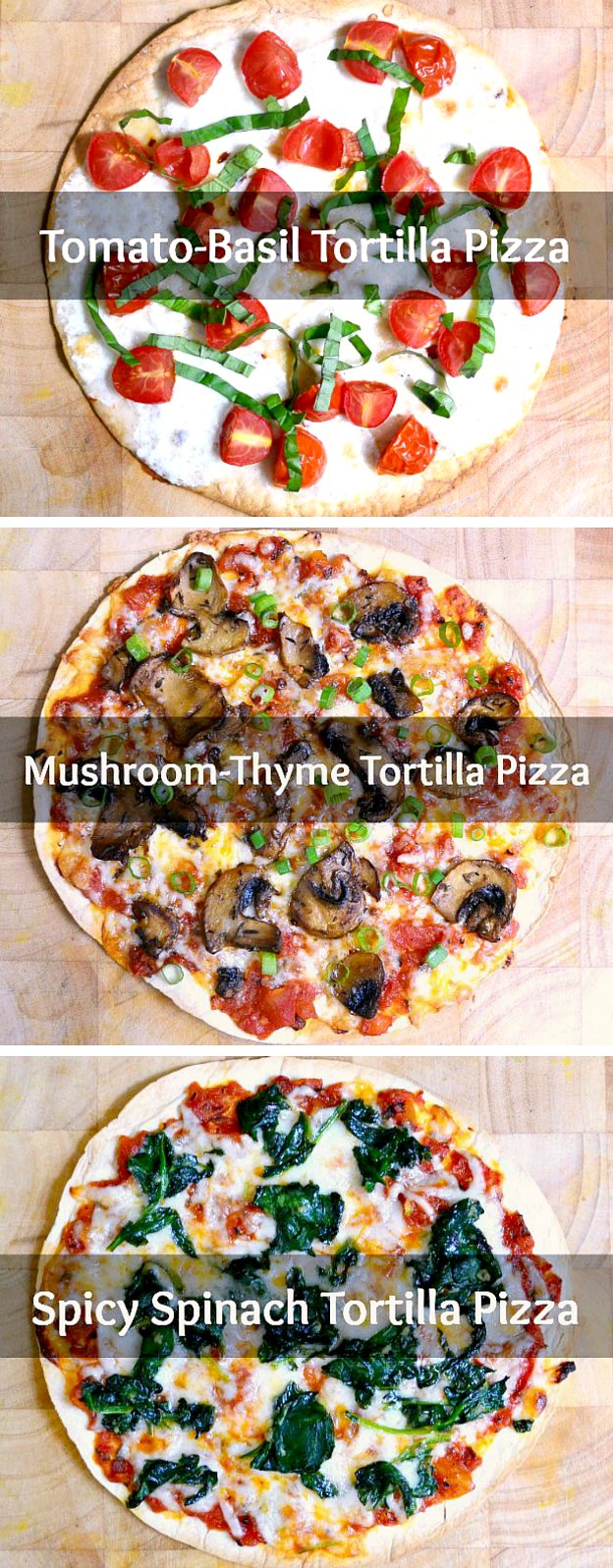 Easy Tortilla Pizzas … 3 ways! Learn how to make healthy Tortilla Pizzas in your oven. This crispy baked vegetarian Tortilla Pizza recipe is made with a flour tortilla crust and your fave toppings, like mushrooms, spinach, or Margherita (tomato basil). They can be made with sauce or no sauce. Your family will love these mini homemade Tortilla Pizzas ... great for kids and adults alike! | Hello Little Home #tortillapizza #pizza #pizzarecipe #minipizza #vegetarianrecipes #vegetarianpizza