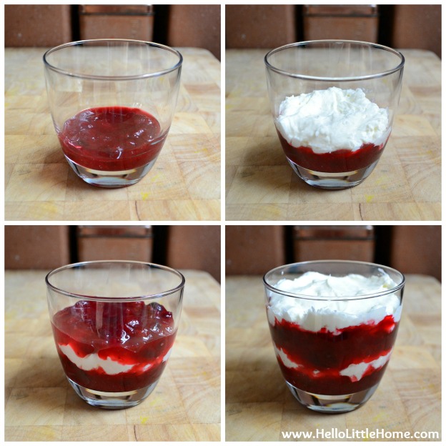 A photo collage showing how to assemble the Cranberry Parfait.
