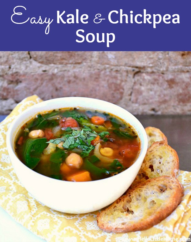 Delicious Kale and Chickpea Soup recipe … the perfect vegetarian soup recipe for a cold winter day! This healthy vegan Chickpea Soup is simple to make and packed with veggies: kale, carrots, tomatoes, and more! Serve this easy Italian Chickpea Soup with crunchy Garlic Toasts for a healthy meatless meal. Great for a clean eating diet … gluten free, too! | Hello Little Home #vegansoup #glutenfreesoup #chickpeassoup #healthysoup #kalerecipe #vegetablesoup #glutenfree #vegan #vegetarian