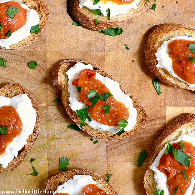 Roasted Grape Tomato Bruschetta topped with Ricotta and Parsley