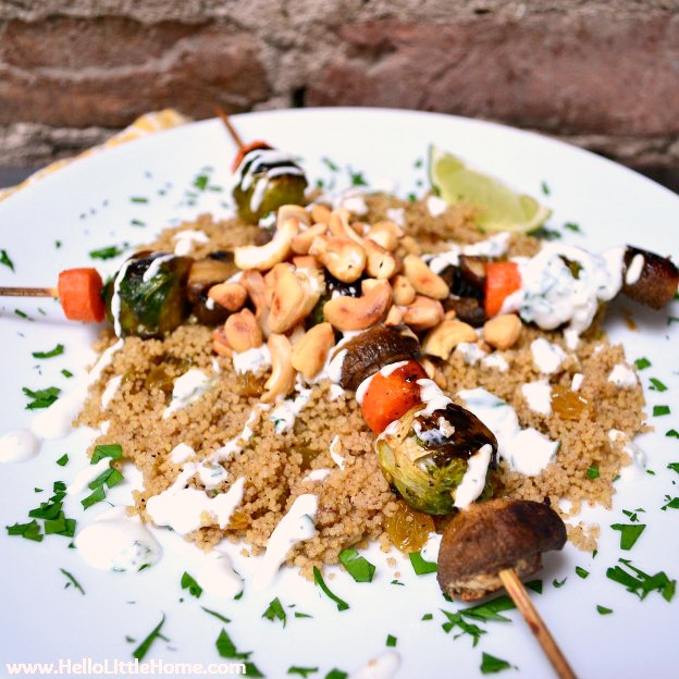 Roasted Veggie Kabobs with Spiced Couscous ... a delicious vegetarian recipe that makes a unique entree for a dinner party or any meal! | Hello Little Home