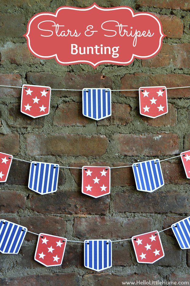 Over 30 Patriotic Recipes, Crafts, and Home Decor Ideas, including this Stars and Stripes Bunting! These fun and easy red, white, and blue ideas are perfect for celebrating every patriotic summer occassion ... 4th of July, Memorial Day, and more! | Hello Little Home