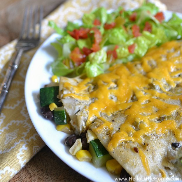 Harvest Veggie Enchiladas with Crema Verde ... yum! Get this easy recipe + 100 other vegetarian fall recipes that are perfect for any occassion! | Hello Little Home