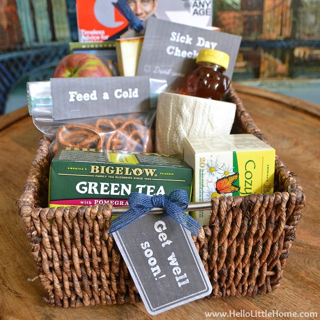 A Get Well Basket on a wood table.