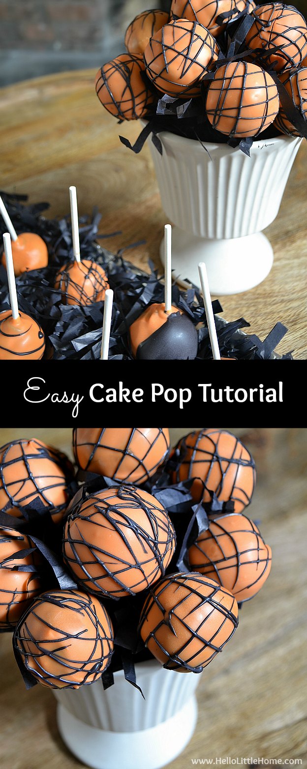 Easy Cake Pop Tutorial ... a basic cake pop recipe with everything you need to make these fun DIY treats! Learn how to make homemade cake pops from scratch in orange and black for a Halloween party or customize the colors for any event! | Hello Little Home