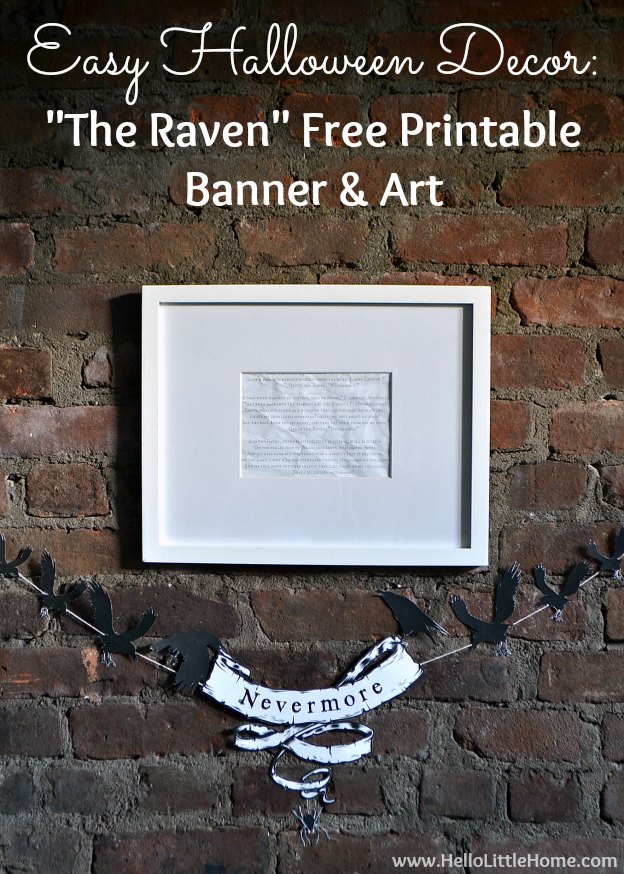 Framed "The Raven" poem with Nevermore Banner Hanging below it on a brick wall.