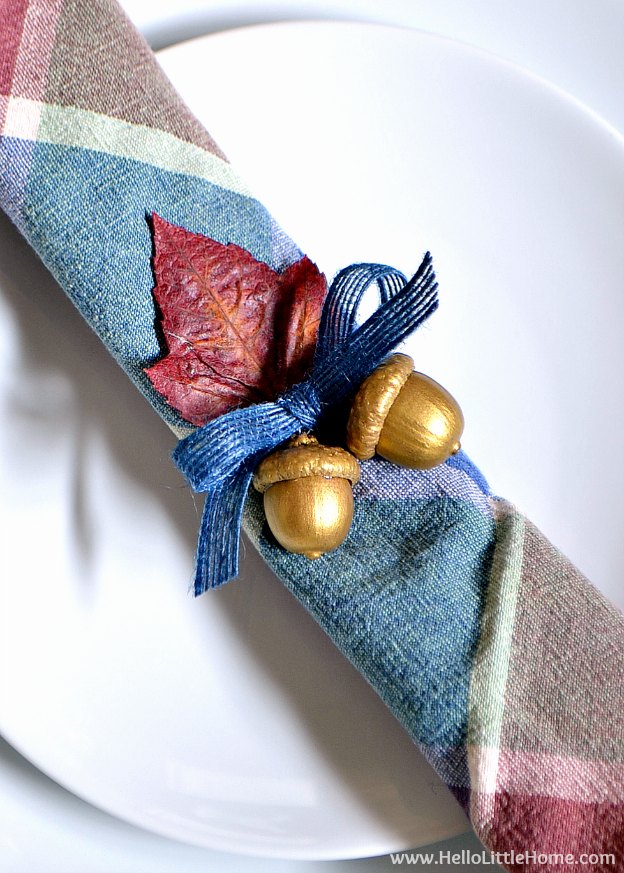 A napkin tied together with a ribbon and acorn napkin ring.