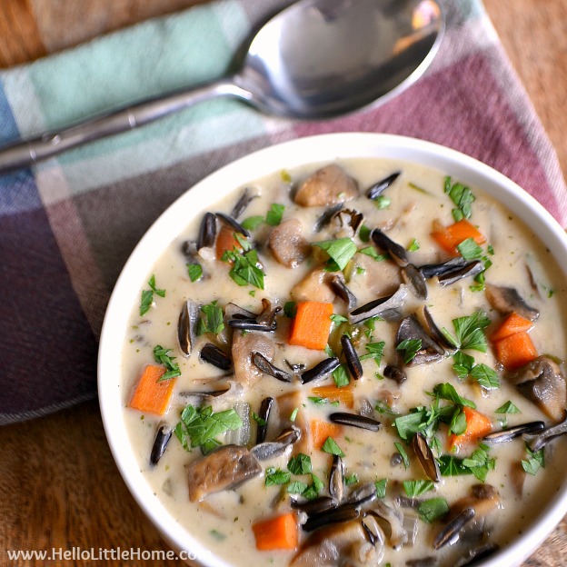 Creamy Wild Rice Soup ... a rich, delicious vegetarian soup recipe that's the perfect addition to your Thanksgiving or seasonal table! | Hello Little Home