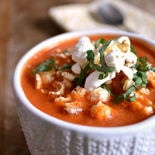 Creamy Tomato Basil Soup with Popcorn Croutons