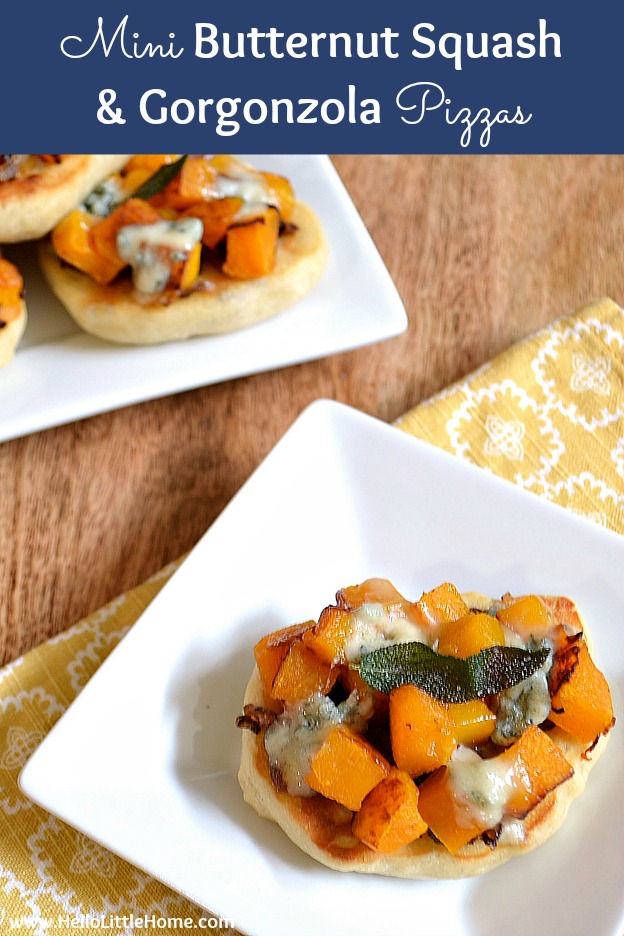 Mini Roasted Butternut Squash and Gorgonzola Pizzas ... this amazing vegetarian pizza recipe is just as perfect for a party as it is for a busy weeknight! | Hello Little Home