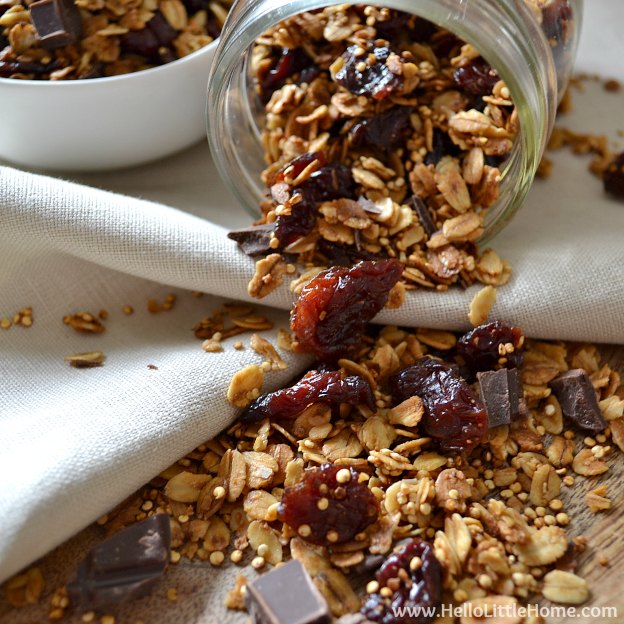 Chocolate-Covered Cherry Granola ... Get this easy recipe + 100 other vegetarian winter recipes that are perfect for any occassion! | Hello Little Home