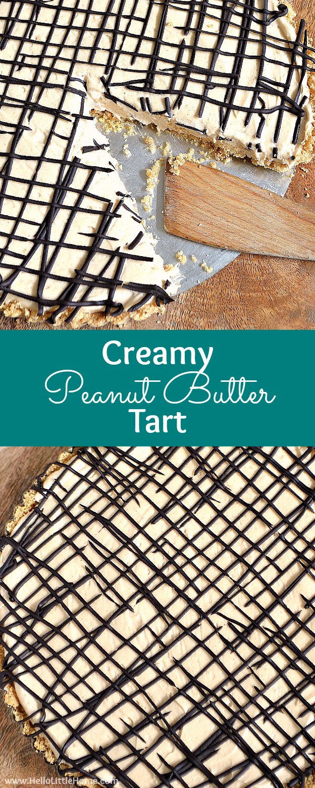 Creamy Peanut Butter Tart ... yum! Peanut butter and chocolate combine in an easy dessert recipe that's impossible to resist! Like a pie, only better, this no bake tart recipe is sure to be a hit on your family's table! | Hello Little Home