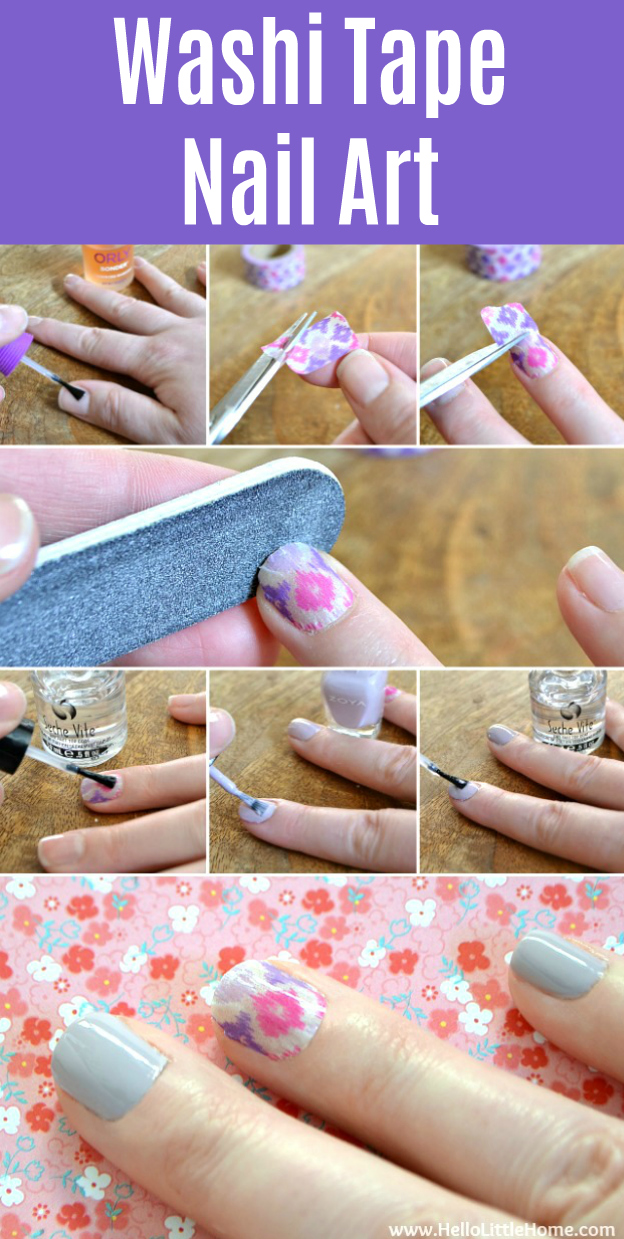 Learn how to do Washi Tape Nail Art! This fun washi tape idea is a great way to dress up a simple manicure ... no tricky skills required for this easy DIY Nail Art Idea! Follow this step-by-step Washi Tape Nails tutorial for a simple way to add patterns to a mani. Once you learn how to do Washi Tape Nail Art, you can change up your manicure super easily with cute nail art designs. | Hello Little Home #nails #nailart #nailpolish #naildesigns #manicure #mani #washitape #washitapeideas #pedicure