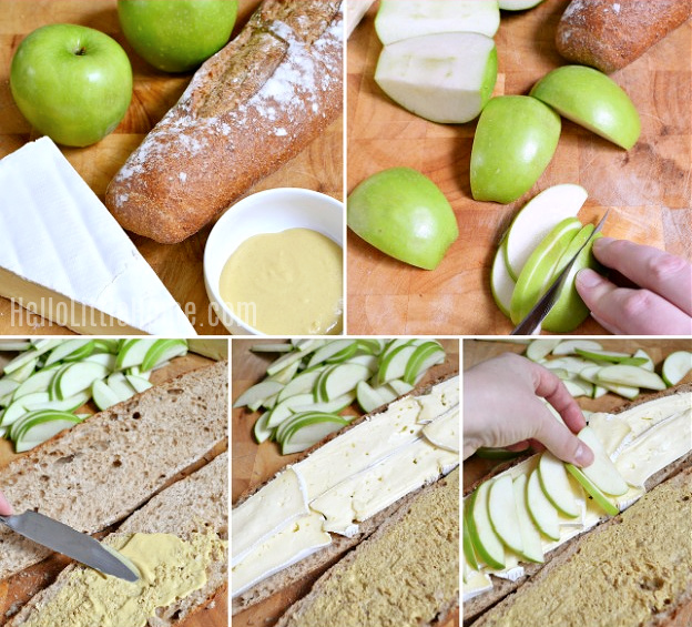 A photo collage showing how to make a Brie Apple Sandwich step by step.