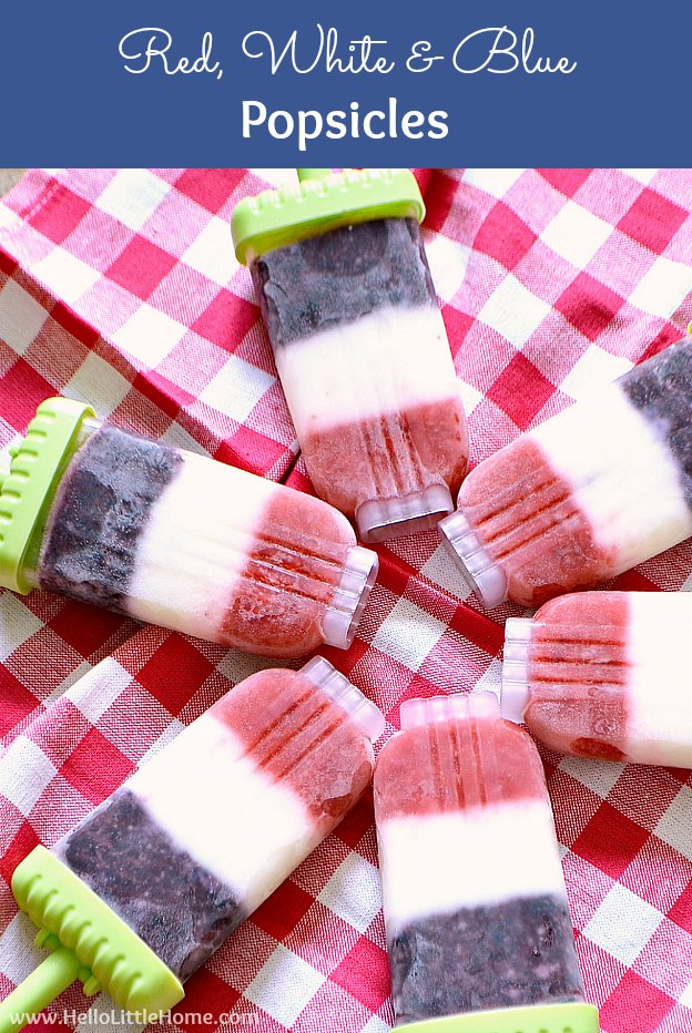 Easy Red, White, and Blue Popsicles recipe ... only 4, healthy ingredients! These festive popsicles are made from simple, healthy ingredients: yogurt (regular or vegan), sugar, strawberries, and blueberries! Perfect for the 4th of July, Memorial Day, any summer party, or simply a delicious treat! | Hello Little Home