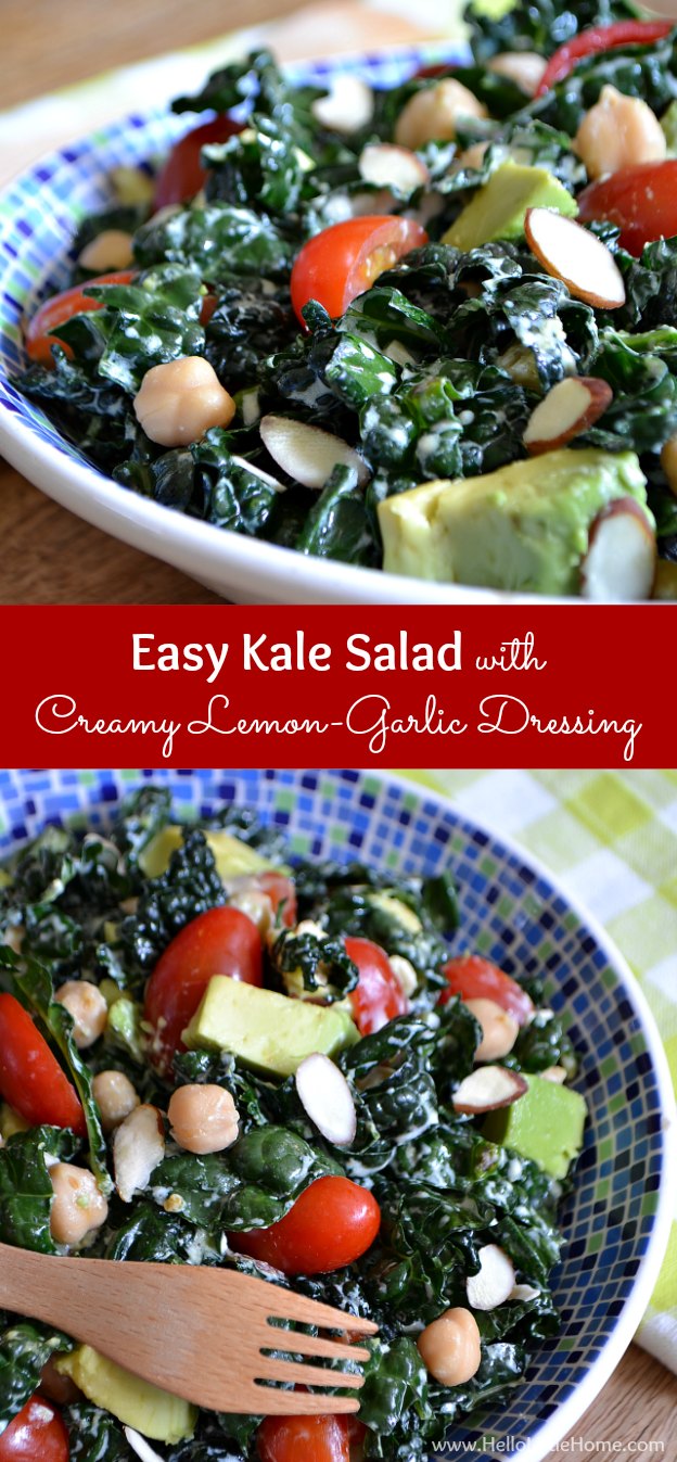 This delicious and easy Kale Salad with Creamy Lemon-Garlic Dressing is the perfect no-cook summer recipe! | Hello Little Home 