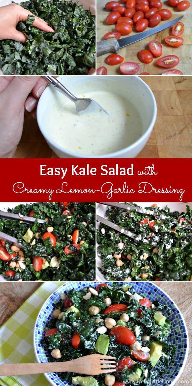 This delicious and easy Kale Salad with Creamy Lemon-Garlic Dressing is the perfect no-cook summer recipe! | Hello Little Home 