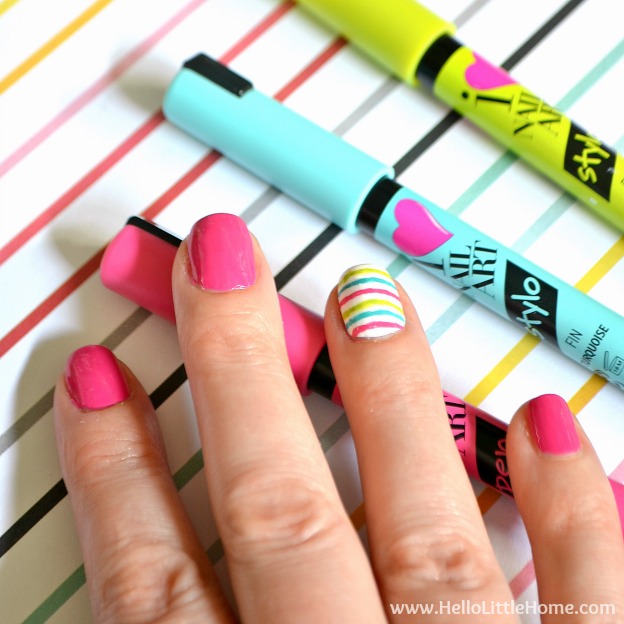 DIY Manicure with Nail Art Pens! Brighten up your fingers with this fun DIY striped nail art ... it's so easy with these nail polish pens! | Hello Little Home