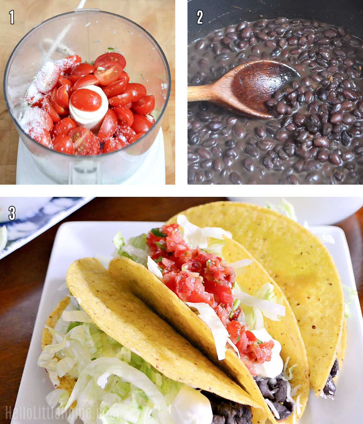A photo collage showing how to make black bean tacos step-by-step.