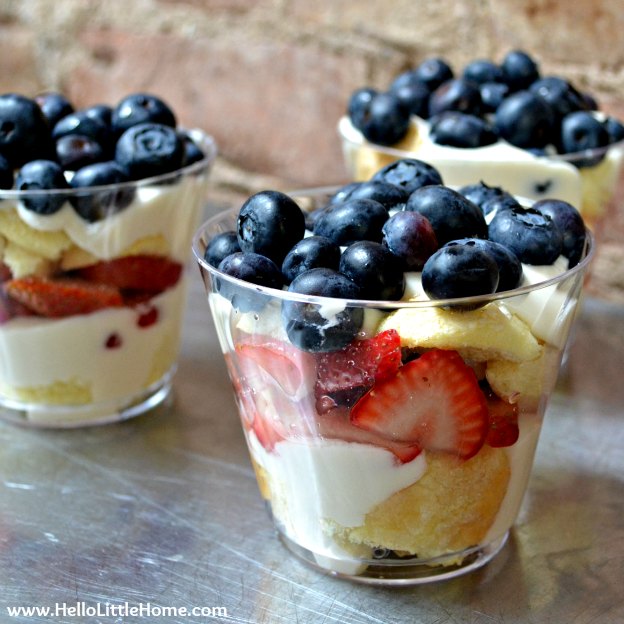You are going to love these Individual Red, White, and Blue Trifles! Get this easy recipe + over 60 more vegetarian summer recipes that are perfect for any occassion! | Hello Little Home