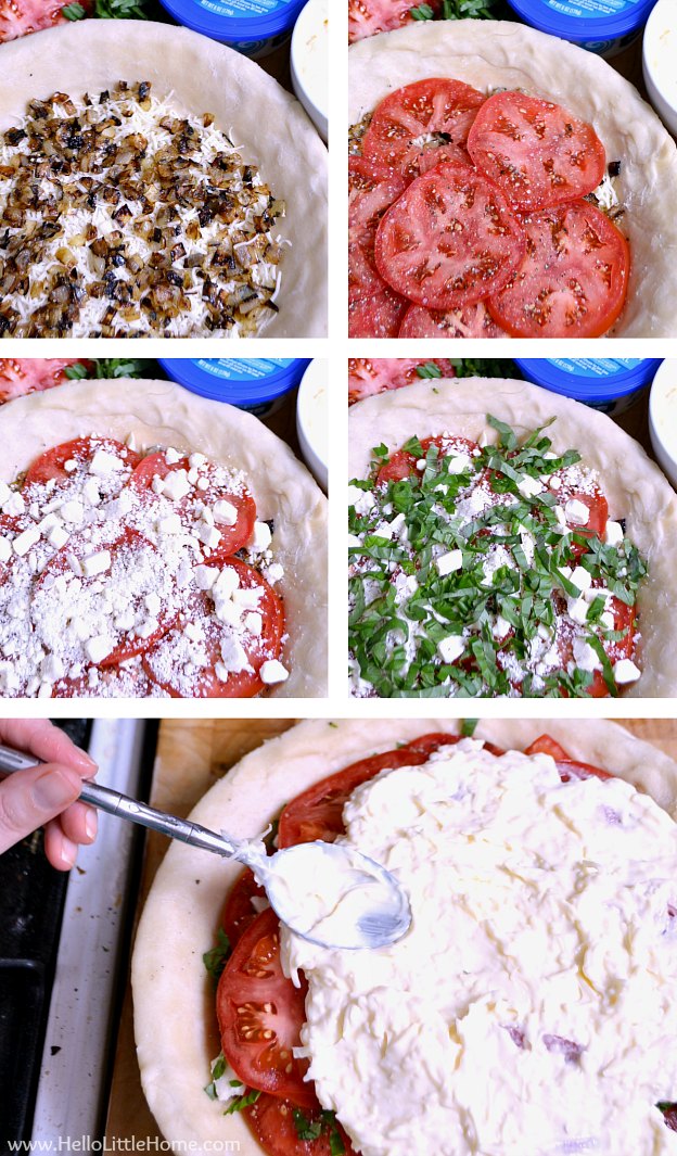 Layering the tomato pie ingredients in a pie crust.
