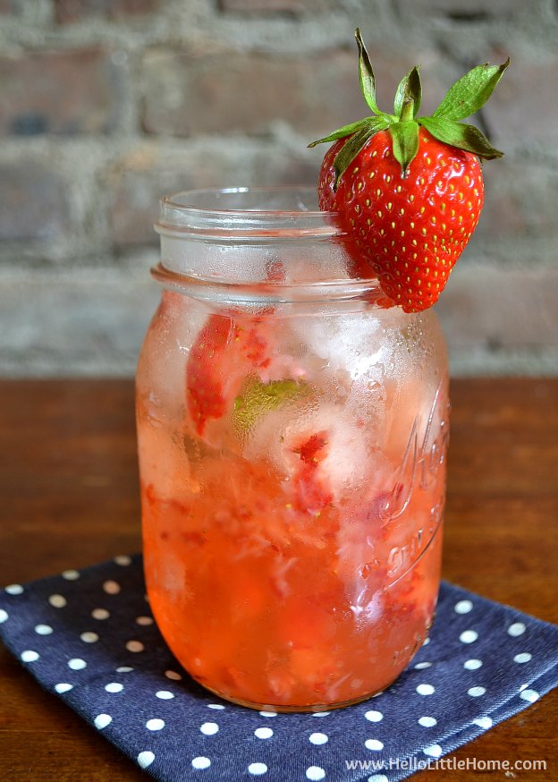 Strawberry Mint Gin and Tonic ... one of 100 Vegetarian Game Day Recipes! Get ready for the big game with over 100 vegetarian and vegan appetizers, soups, chilis, main dishes, sandwiches, breakfast, desserts, and more that will make your next football watching party unforgettable! | Hello Little Home