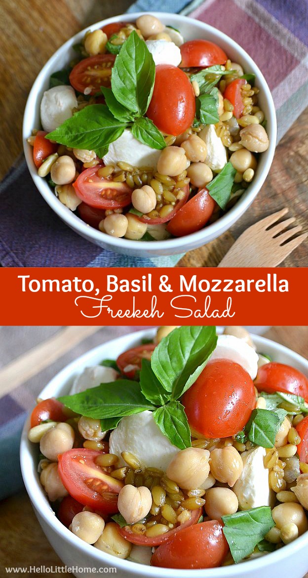 This Tomato, Basil, and Mozzarella Freekeh Salad is super healthy and full of fresh summer flavors! Serve it as a delicious vegetarian main dish or side. | Hello Little Home