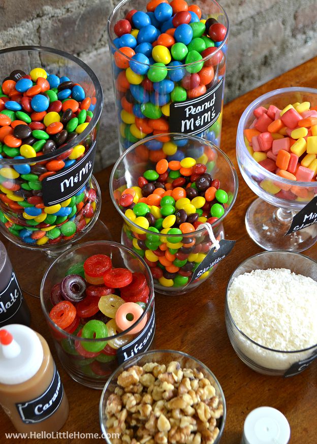 Candy Covered Ice Cream Sundae Bar ... one of 100 Vegetarian Game Day Recipes! Get ready for the big game with over 100 vegetarian and vegan appetizers, soups, chilis, main dishes, sandwiches, breakfast, desserts, and more that will make your next football watching party unforgettable! | Hello Little Home