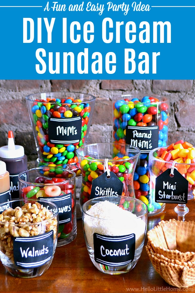 Candy and toppings arranged on a table for a DIY Ice Cream Sundae Bar.