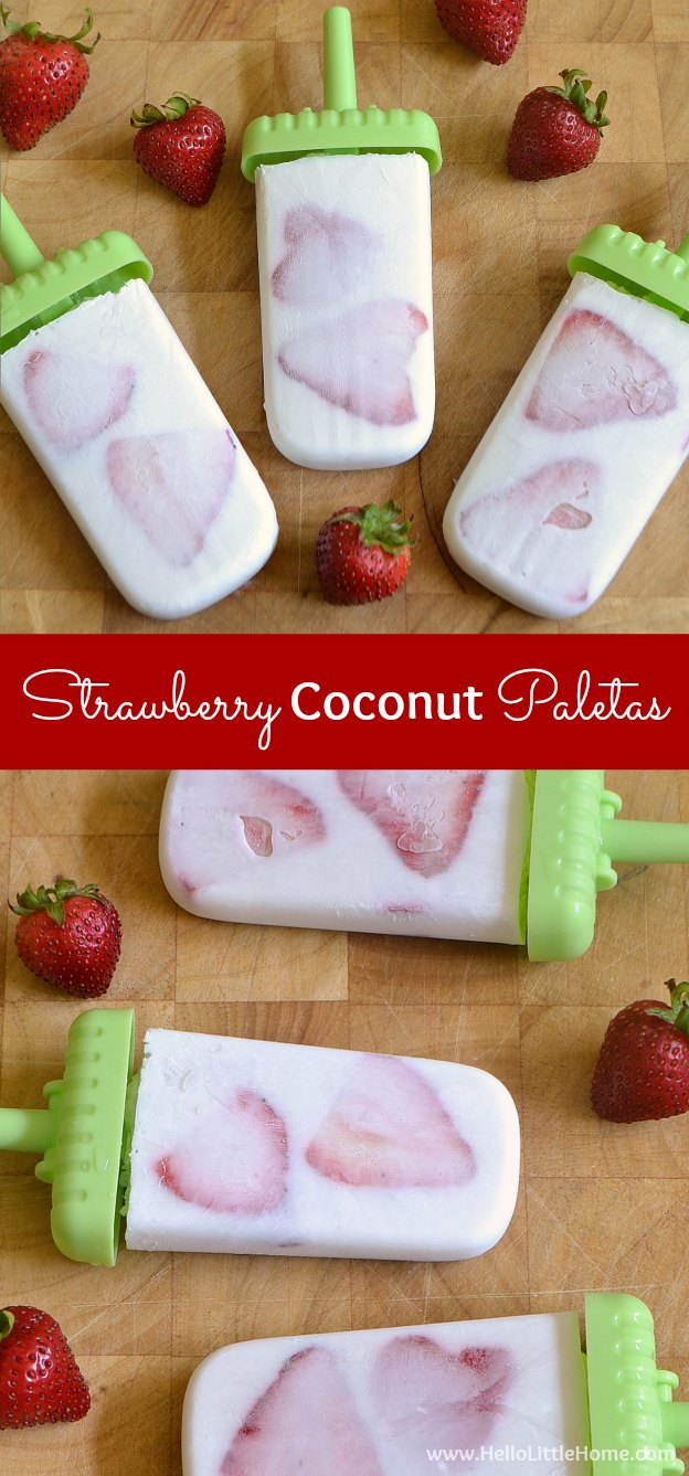 Treat yourself to these Strawberry Coconut Paletas! This Mexican popsicle recipe is creamy, coconutty, and delicious ... plus, so easy to make! You whole family will love these Strawberry Coconut Popsicles! | Hello Little Home #popsicles #paletas #strawberries #coconut #vegan #veganrecipes
