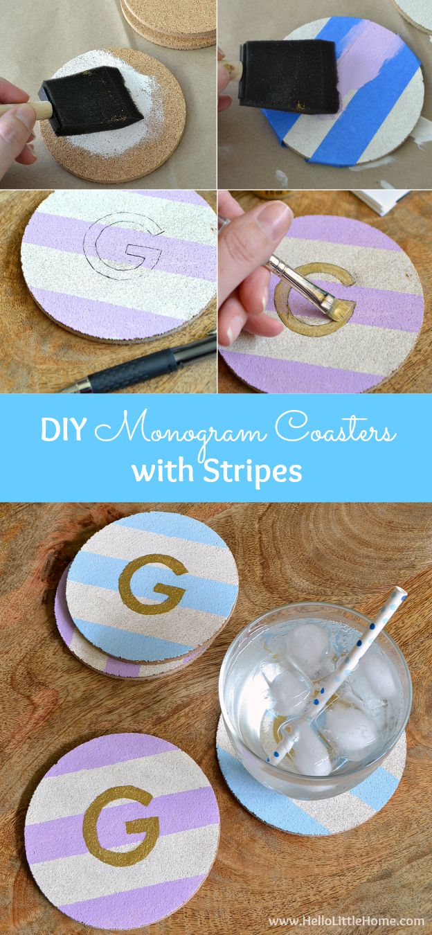 Step-by-step instructions for making DIY Monogram Coasters with Stripes! | Hello Little Home