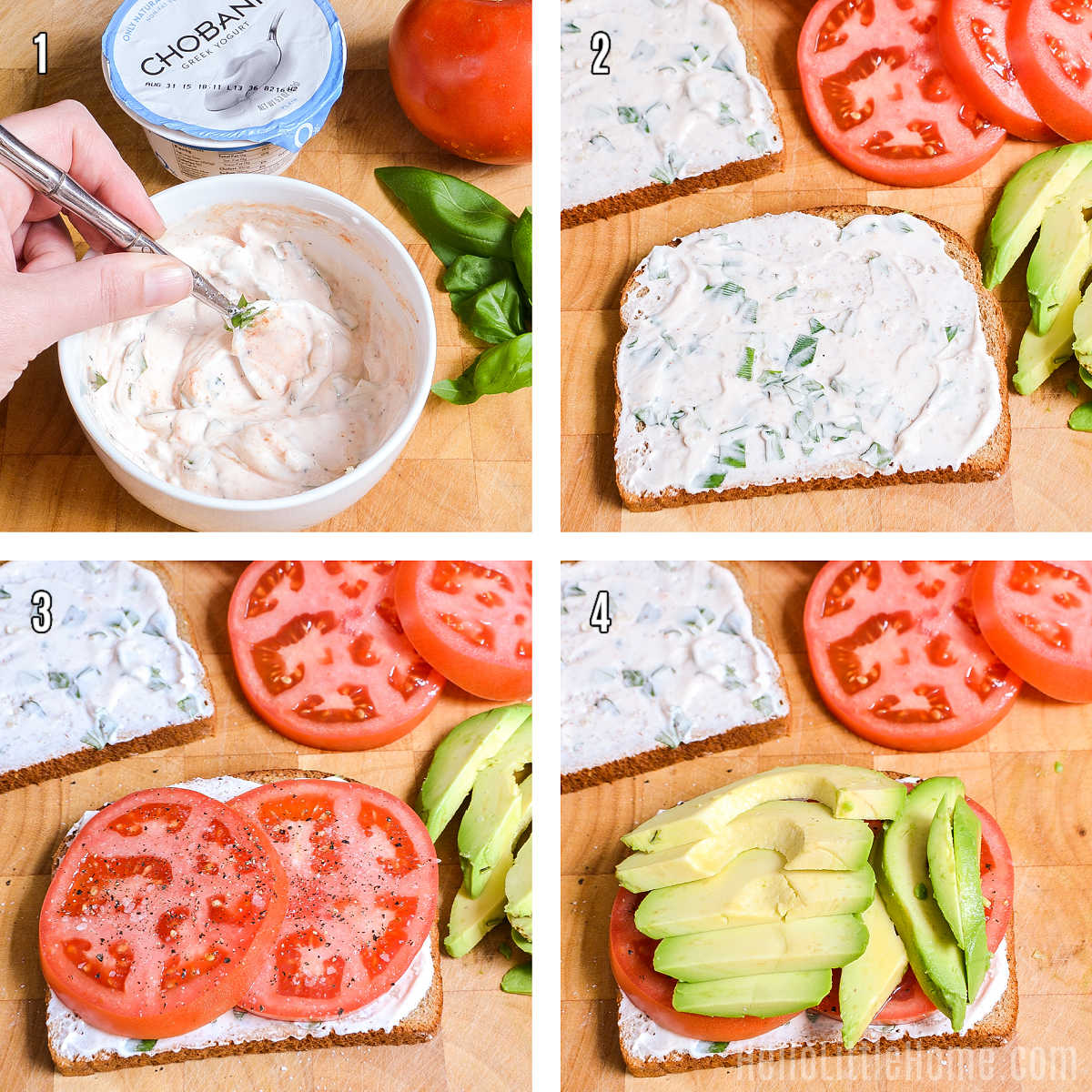 A photo collage showing how to make a Tomato Avocado Sandwich step by step.