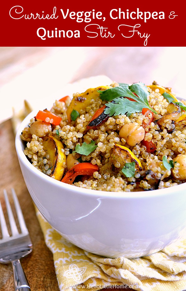 Curried Veggie, Chickpea, and Quinoa Stir Fry recipe ... a fast and healthy vegetarian meal idea! This easy vegan quinoa stir fry is packed with bold flavors and protein, plus it's gluten free. Full of yummy vegetables, like red peppers, this simple vegetarian quinoa stir fry is a great dinner for busy families! | Hello Little Home