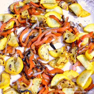 Yellow squash, peppers and onions for Curried Veggie, Chickpea, and Quinoa Stir Fry | Hello Little Home