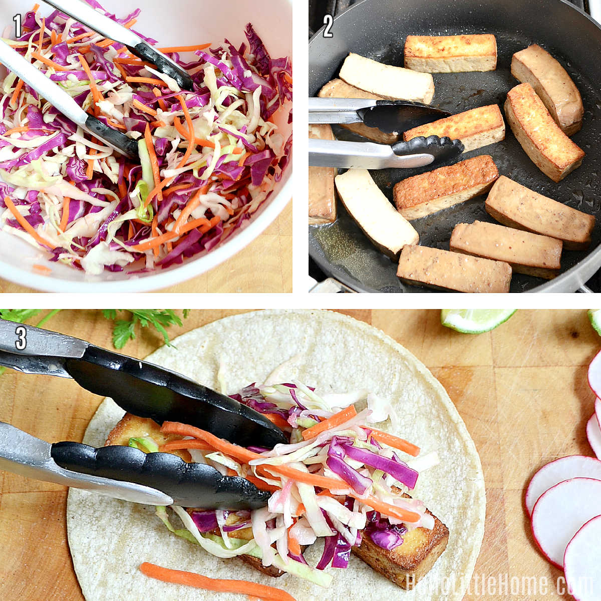 A photo collage showing how to make tofu tacos step-by-step.