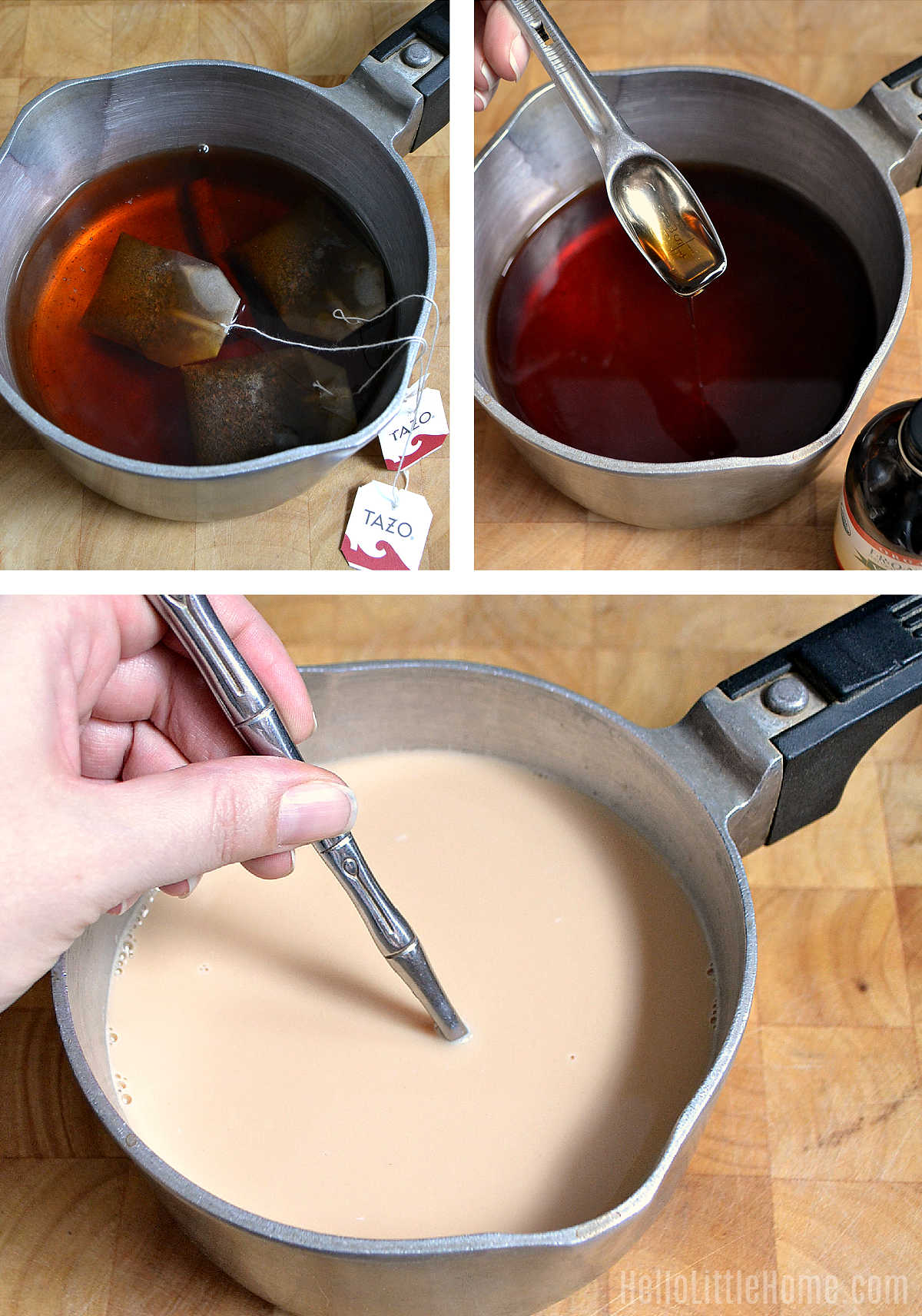 A photo collage showing how to make cinnamon milk tea step-by-step.