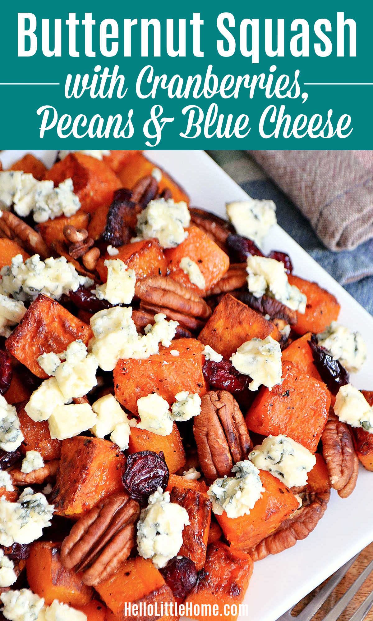 A plate of Butternut Squash with Cranberries, Pecans, and Blue Cheese.