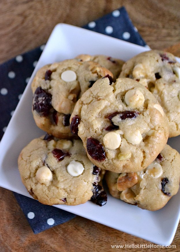 Chewy White Chocolate Cranberry Cookies ... one of 100 Vegetarian Game Day Recipes! Get ready for the big game with over 100 vegetarian and vegan appetizers, soups, chilis, main dishes, sandwiches, breakfast, desserts, and more that will make your next football watching party unforgettable! | Hello Little Home