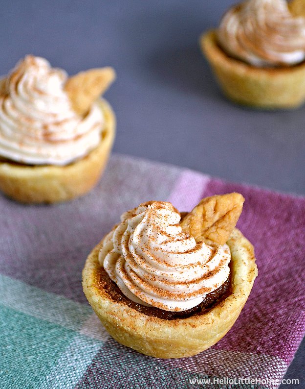 Three Mini Pumpkin Pies with a Cream Cheese Topping, spinkled with cinnamon and decorate with a mini leaf.