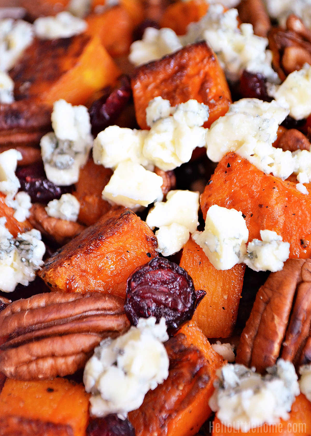A closeup of the finished Roasted Butternut Squash and Blue Cheese side dish.