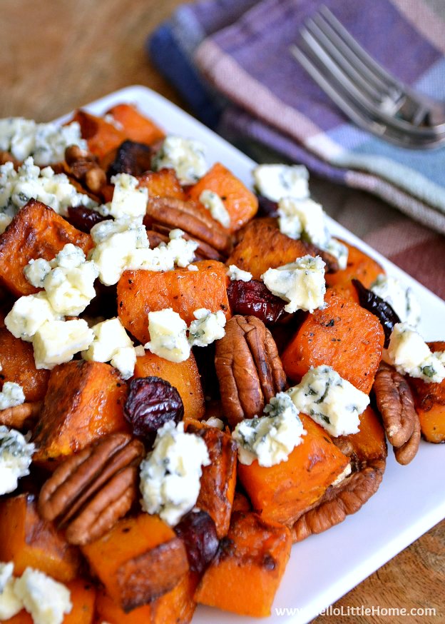 Roasted Butternut Squash with Cranberries, Pecans, and Blue Cheese ... a delicious vegetarian side dish recipe that's perfect for Thanksgiving or any meal! | Hello LIttle Home