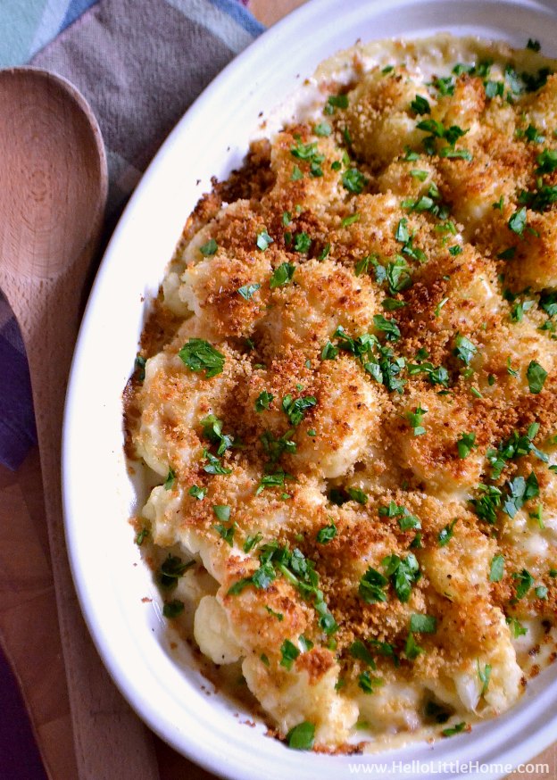Cheesy Roasted Cauliflower Gratin ... a rich, delicious side dish recipe that's so easy to make! This simple recipe pairs roasted cauliflower with a tasty cheese sauce and crunchy breadcrumbs for a dish your whole family will love! Perfect for special occasions or any meal. | Hello Little Home