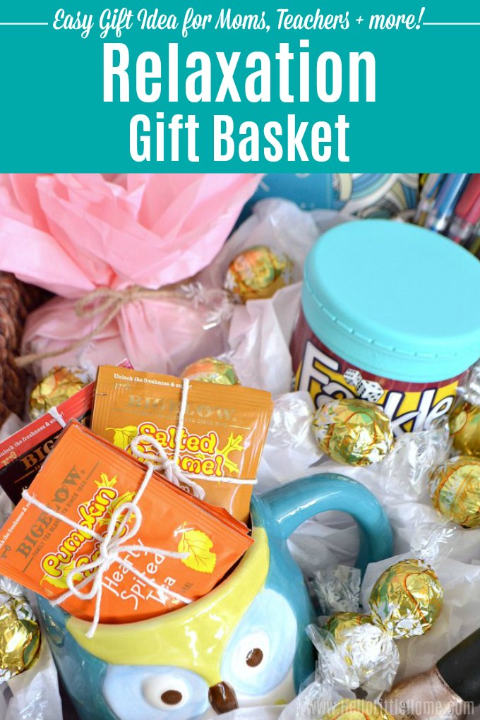 Closeup of the gifts in the relaxation gift basket.