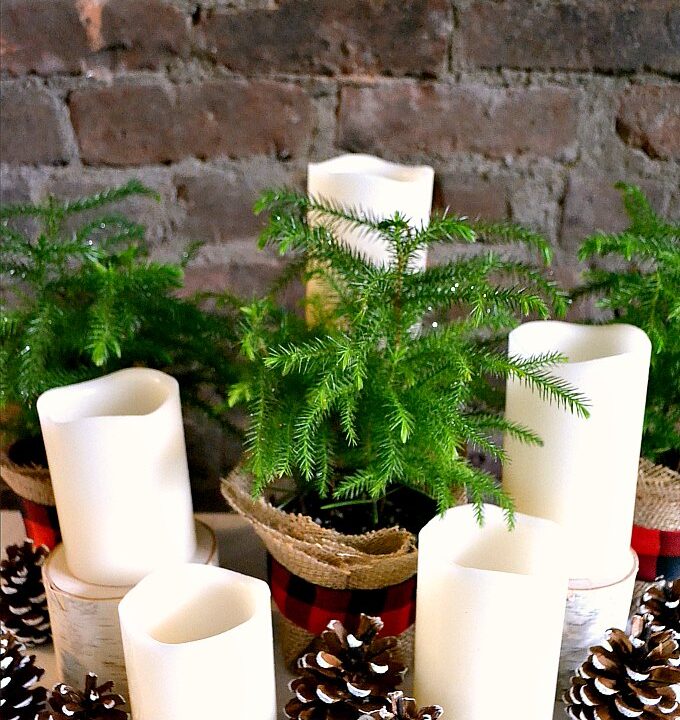 Easy DIY Christmas Centerpiece! Learn how to make a DIY Christmas Centerpiece for your table with this easy tutorial. This natural, rustic, and cheap holiday arrangement with inexpensive pine cones, burlap, candles, plaid ribbon, and fresh pine trees has a pretty farmhouse vibe and will last all season long … the perfect addition to your traditional holiday tablescape! | Hello Little Home