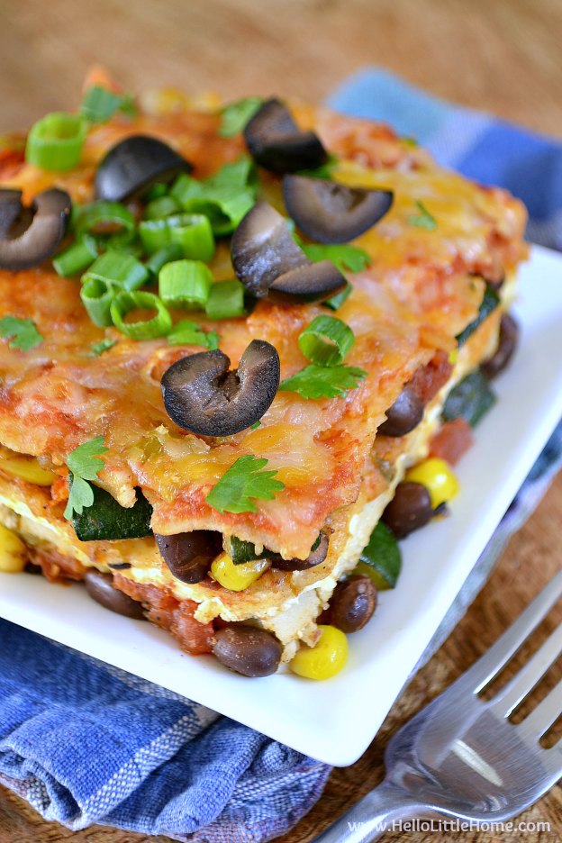 Easy Mexican Lasagna ... Get this easy recipe + 100 other vegetarian winter recipes that are perfect for any occassion! | Hello Little Home