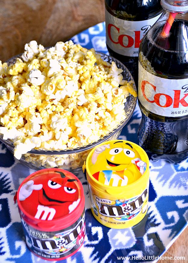 Movie Night Essentials: Popcorn, M&M's, and Diet Coke | Hello Little Home