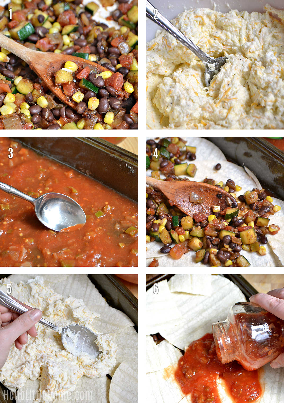 A photo collage showing how to make Mexican Lasagna step-by-step.